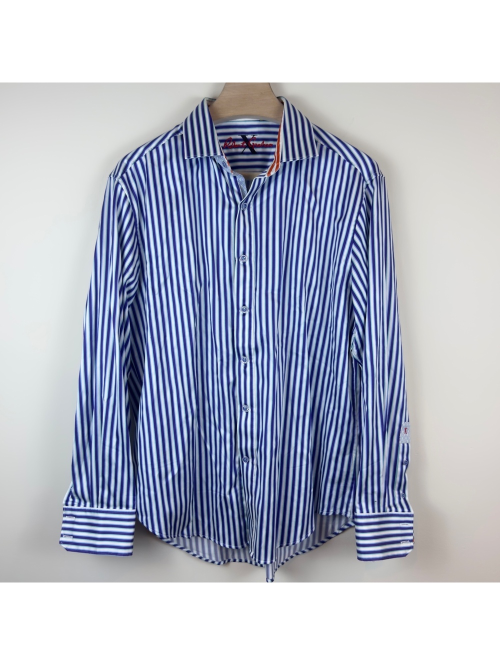Robert Graham X Mens XL Tailored Fit Blue Purple Stripe Flip Cuff Shirt